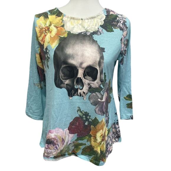 Como Vintage Tops - Upcycled Hand Printed Womens Medium Human Skull Goth Bone Floral Long Sleeve Top